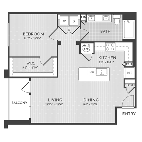 Floor plan for 1 bed, 1 bath, 862 sqft